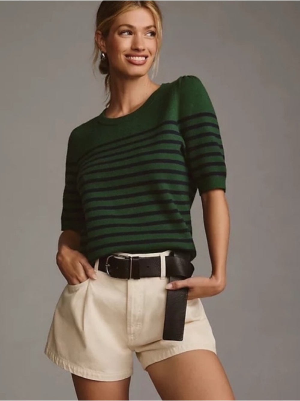 Anthropologie Green and Navy Striped Short Sleeve sweater
